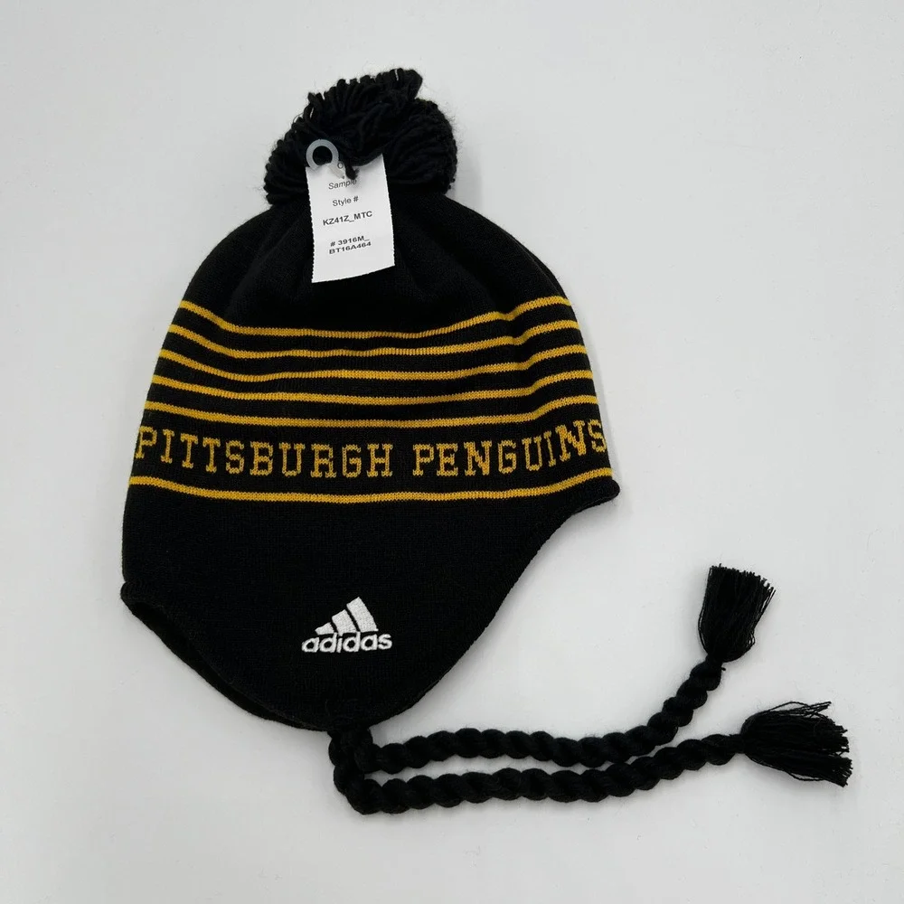 Adidas Pittsburgh Penguins NHL Beanie Hat Black Gold Pom Tassels NEW